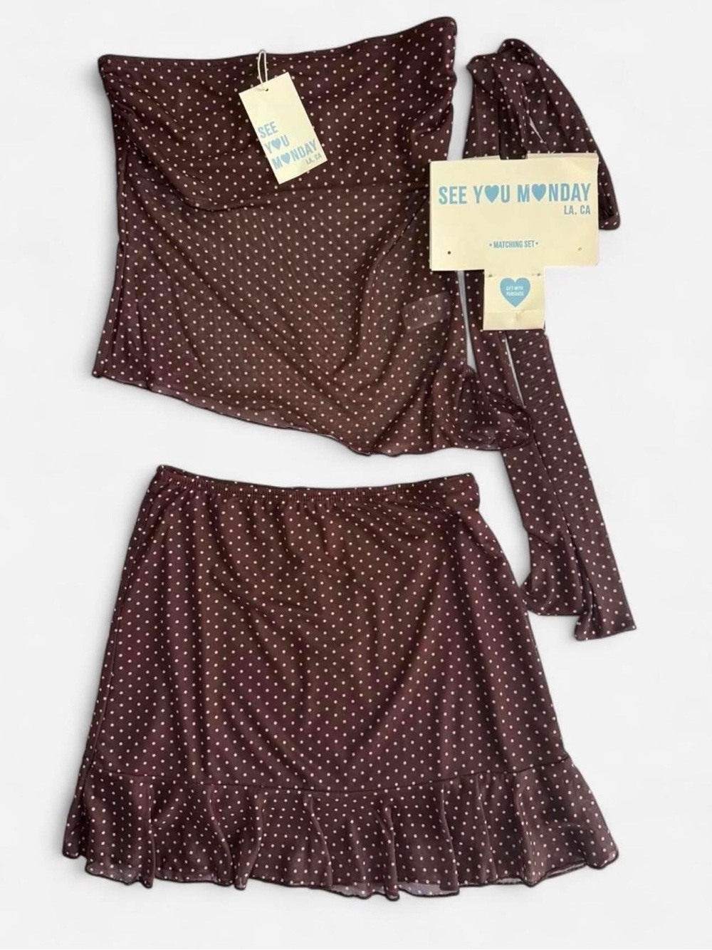 See You Monday Brown Polka Dot Tube Top & Ruffle Mini Skirt Set - Size L - NWT